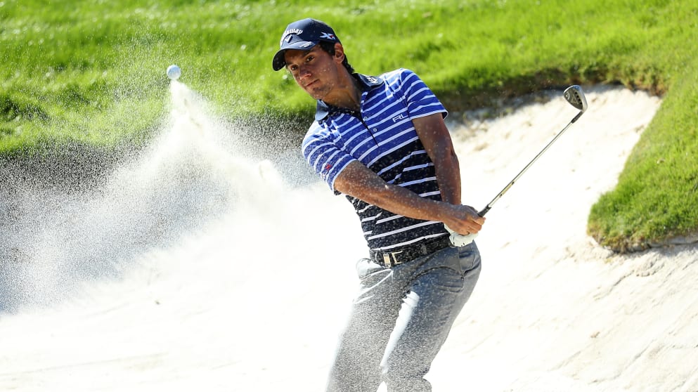 Matteo Manassero - hits from a bunker on the 8th hole during day three of the Turkish Airlines Open