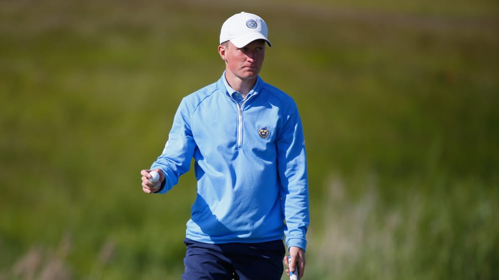 Marcus Kinhult of Sweden acknowledges the crowd on sixteen