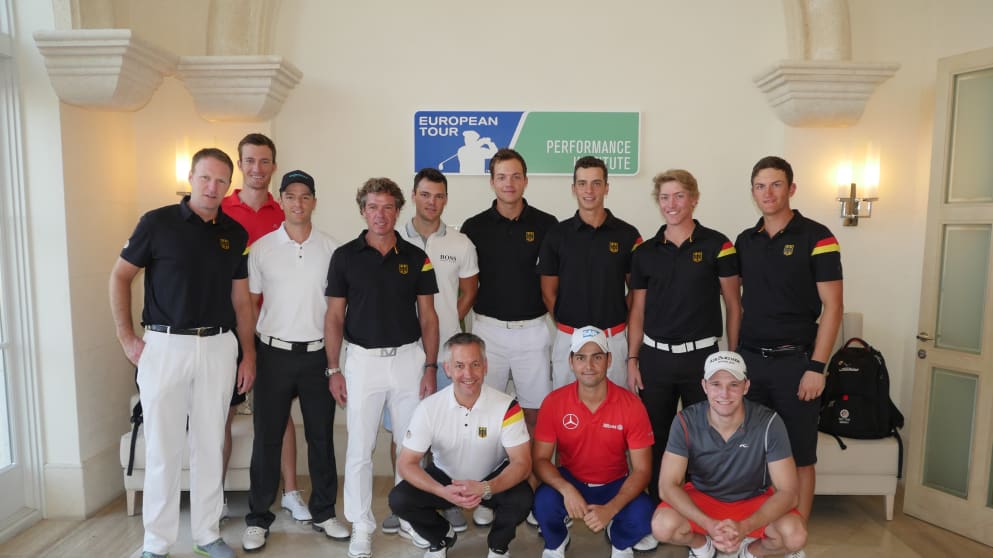 Martin Kaymer poses with fellow German European Tour players Moritz Lampert and Max Kieffer as well as the German National Team at the European Tour Performance Institute at Jumeirah Golf Estates in Dubai. 