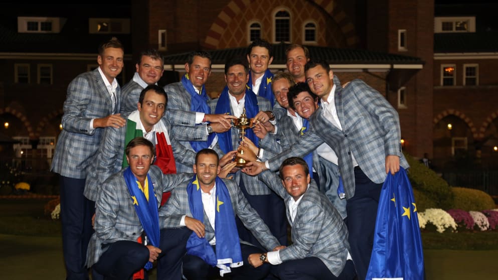 The European side celebrate winning the 2012 Ryder Cup at Medinah