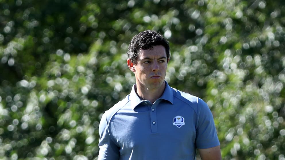 Rory McIlroy at the third hole during his singles match with Patrick Reed in The 2016 Ryder Cup