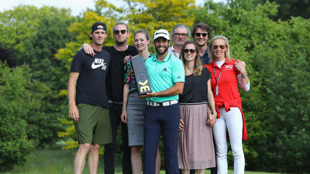 Adrian Otaegui of Spain poses with members of the Pieters production after beating Benjamin Hebert during their final match to win the tournament on the final day of the Belgian Knockout at Rinkven International Golf Club on 
