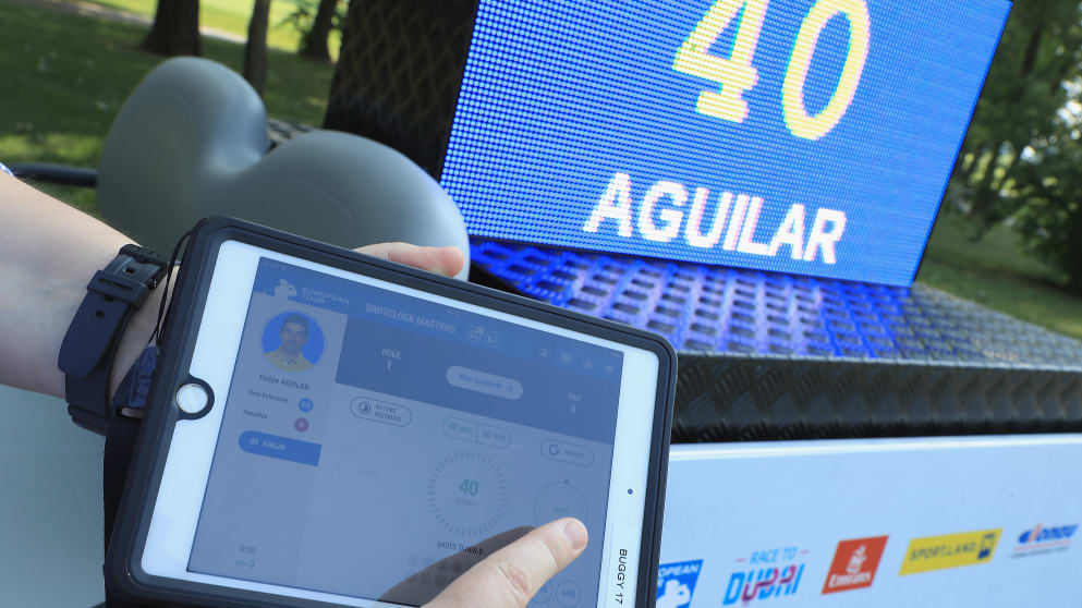A referee tests the 'Shot Clock' system during the Pro-Am at the 2018 Shot Clock Masters at Diamond Country Club