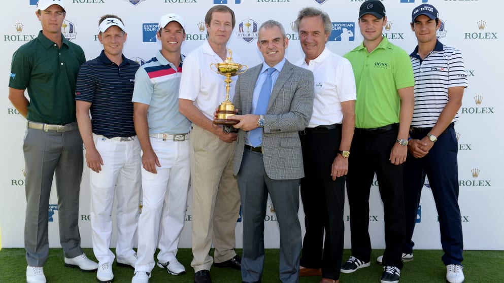 2014 European Ryder Cup Captain, Paul McGinley, with Rolex Ambassadors; Nicolas Colsaerts, Luke Donald, Paul Casey, George O'Grady (European Tour - Chief Executive), Jean-Noel Bioul (Rolex Communications Senior Advisor), Martin Kaymer and Matteo Manassero