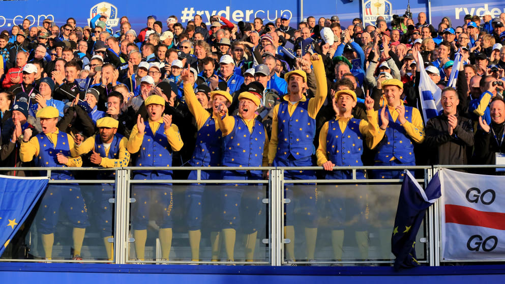 Team Europe fans show their support during the Morning Fourballs of the 2014 Ryder Cup