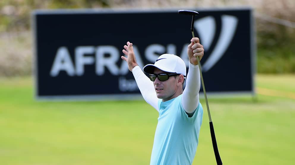 Dylan Frittelli of South Africa reacts after his birdie on the 10th during day four