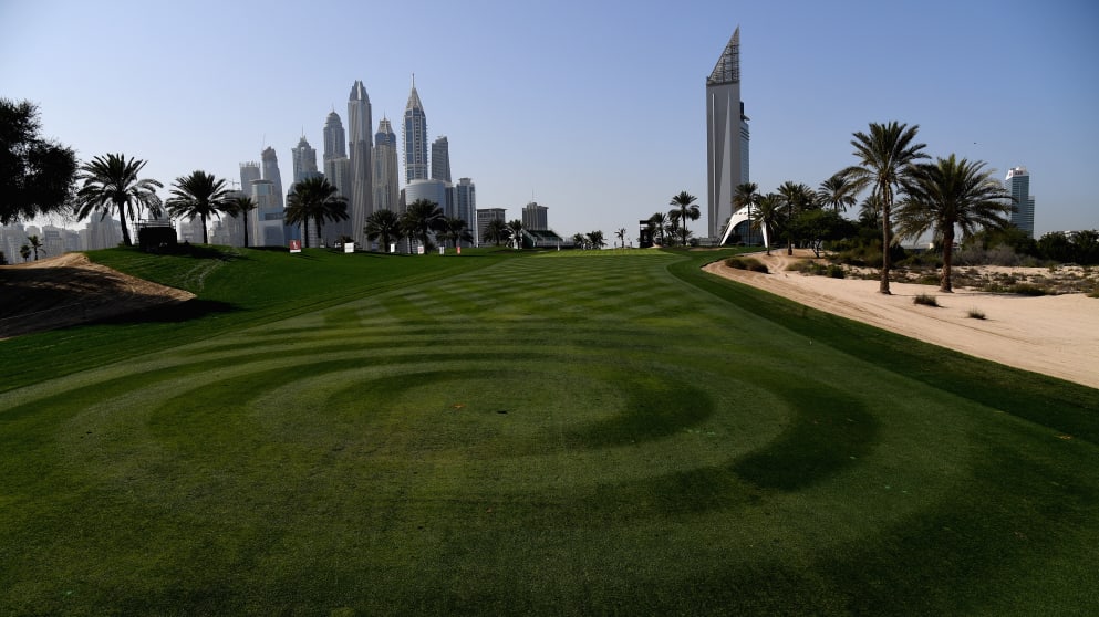 The target landing area is seen on the 8th fairway at the 2017 Omega Dubai Desert Classic