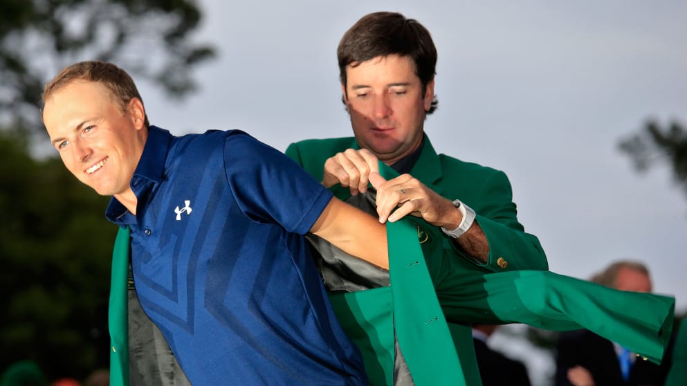 Bubba Watson presents Jordan Spieth with the Green Jacket