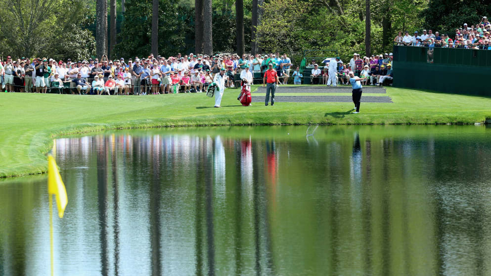 Shane Lowry - skips his ball across the pond on the 16th hole during a practice round prior to the start of the 2015 Masters Tournament