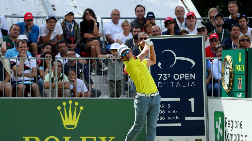 Rafa Cabrera Bello on the first tee at the Italian Open