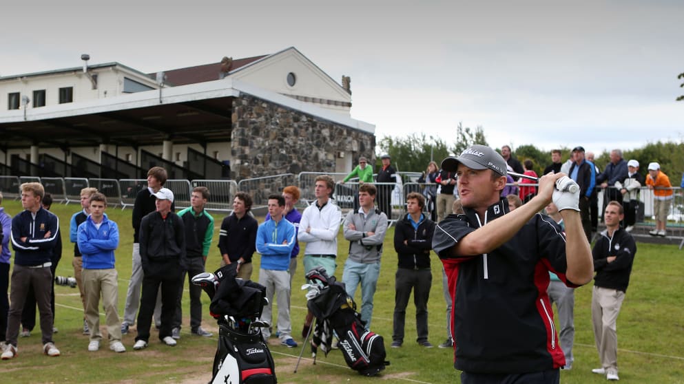 Michael Hoey and Martin Wiegele gives a clinic to players from the GUI Ulster Boys panel (Matt Mackey / Press Eye)
