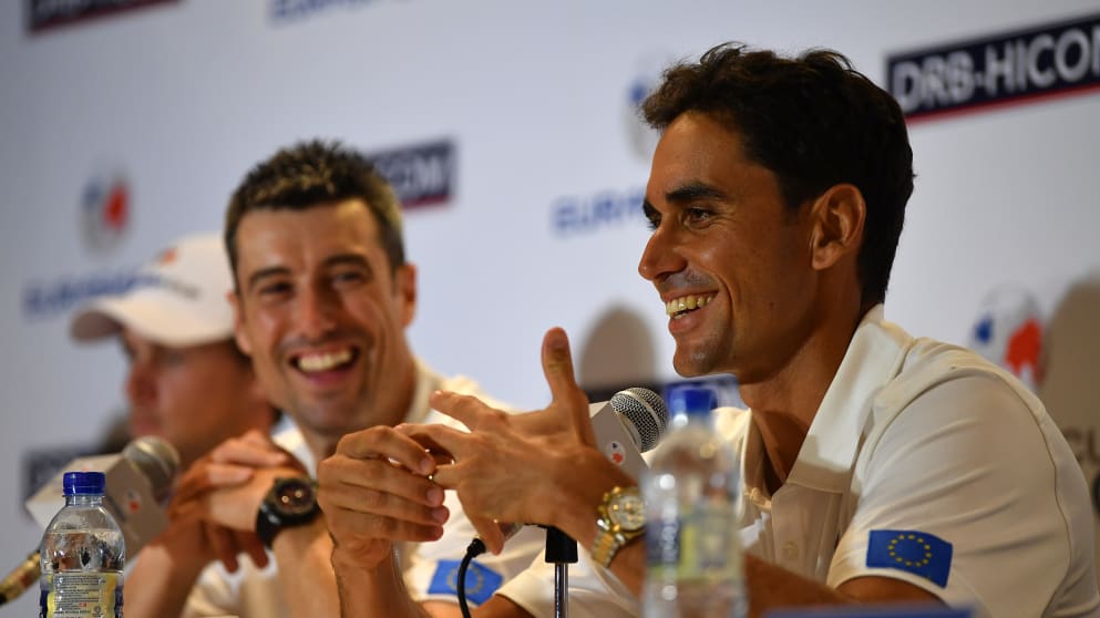 Thomas Pieters, Ross Fisher and Rafa Cabrera Bello talk to the media