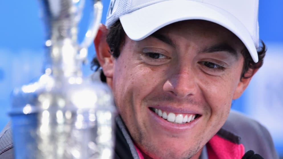 Rory McIlroy answers questions from the media after his two-stroke victory 