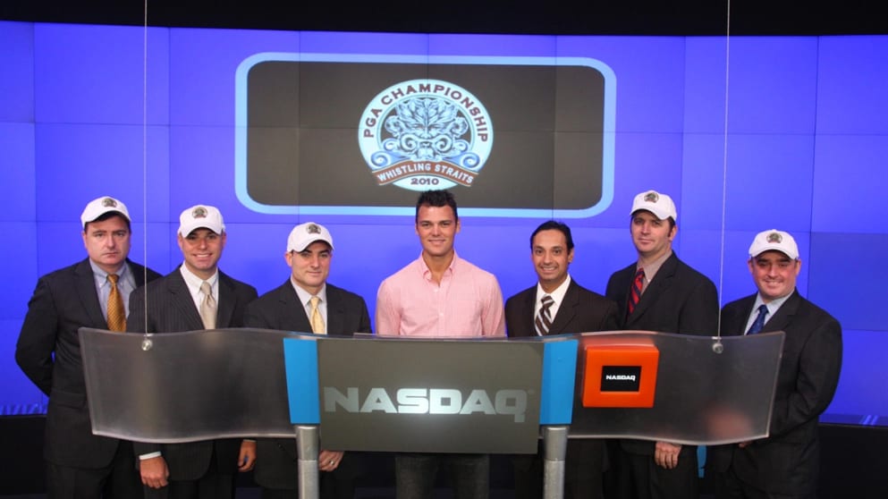 Martin Kaymer sounds the NASDAQ bell in New York