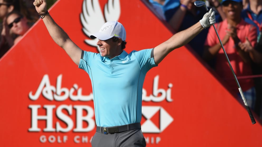 Rory McIlroy celebrates his ace in 2015
