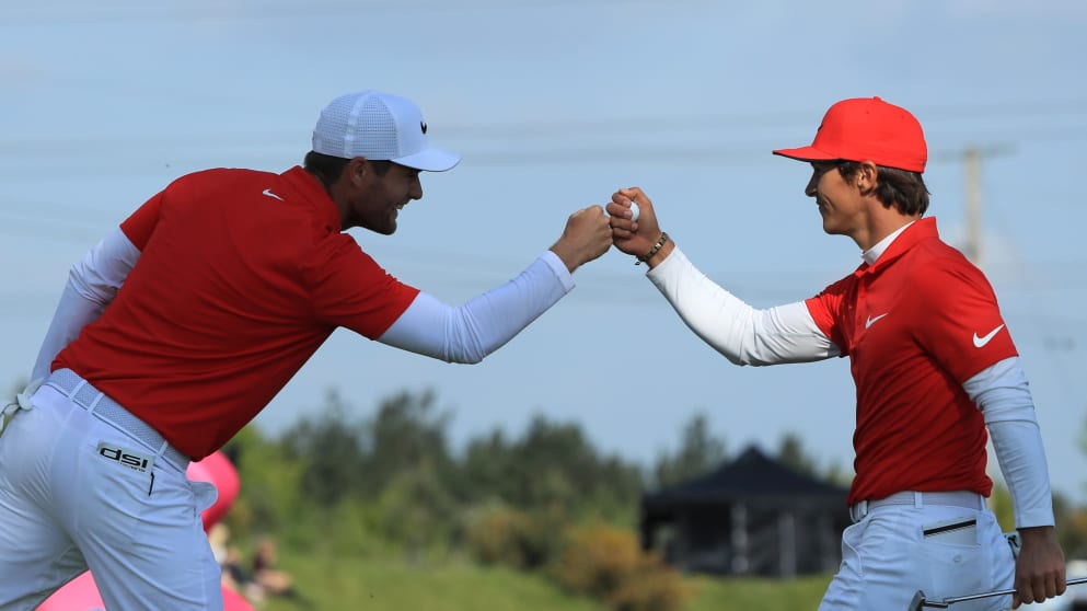 Lucas Bjerregaard and Thorbjørn Olesen celebrate at GolfSixes