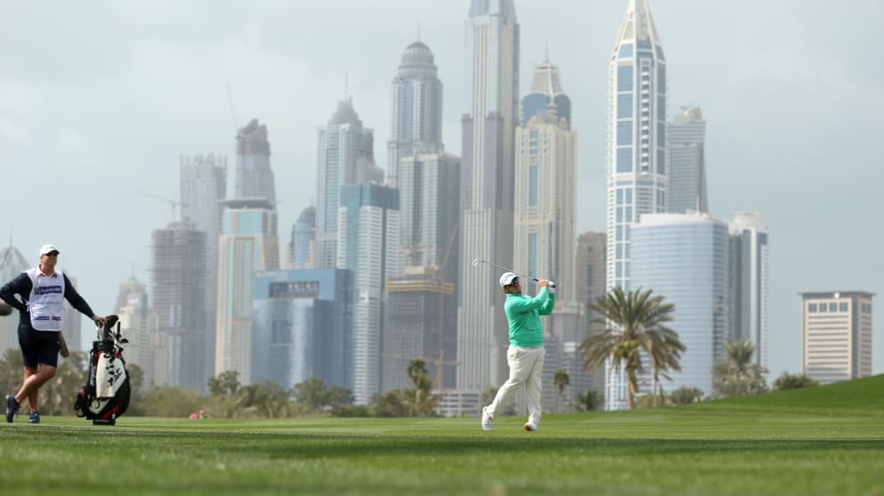 George Coetzee - hits his second shot on the 13th hole during the second round of the Omega Dubai Desert Classic 