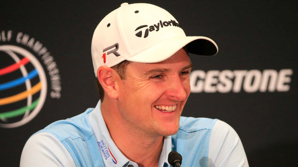 Justin Rose speaks to the media prior to the WGC-Bridgestone Invitational 