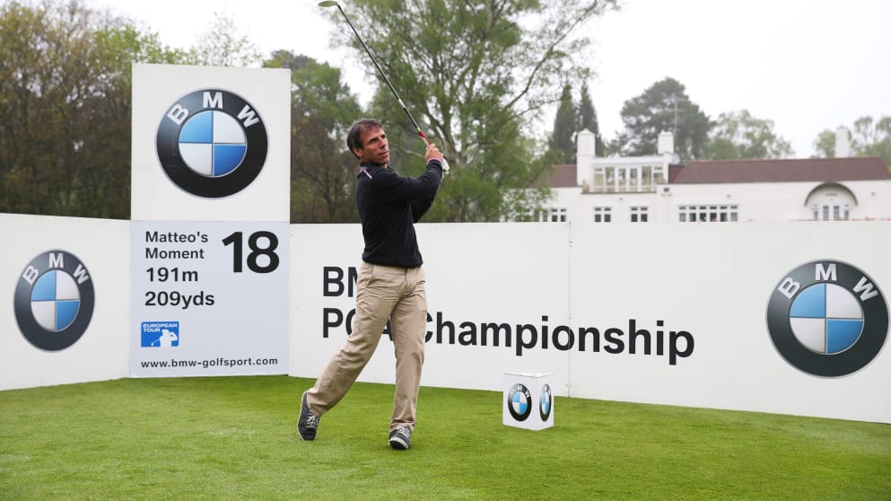 Gianfranco Zola tries to replicate compatriot Manassero's second shot into the 18th hole