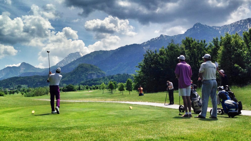 Skiing legend Franz Klammer dispatches his tee shot from the first as part of the Pro-Am at the Kärnten Golf Open presented by Mazda