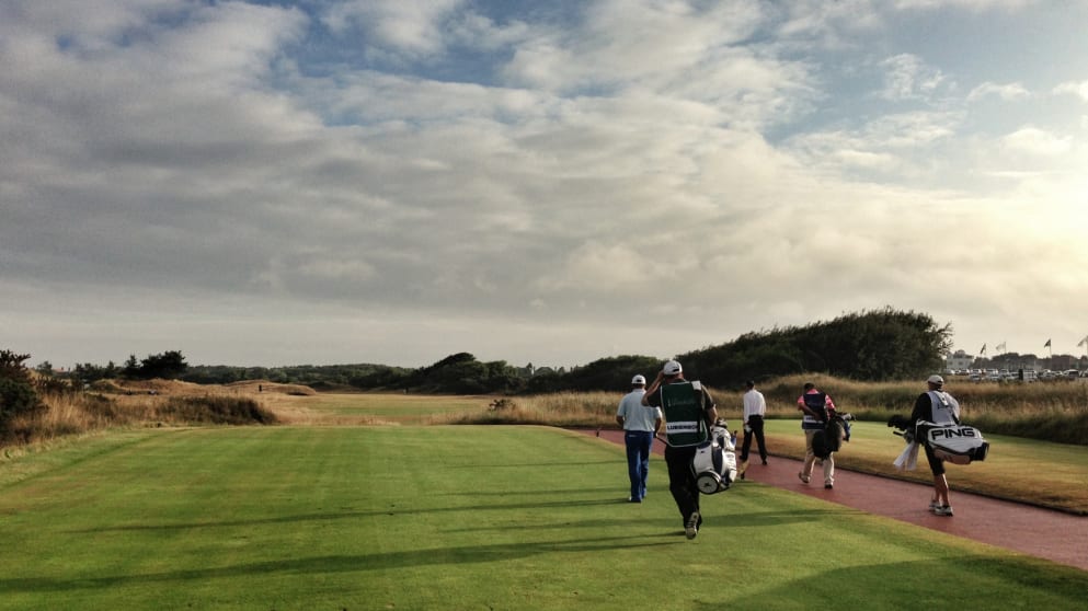 Sunshine on the first tee as the opening group get underway at Royal Birkdale