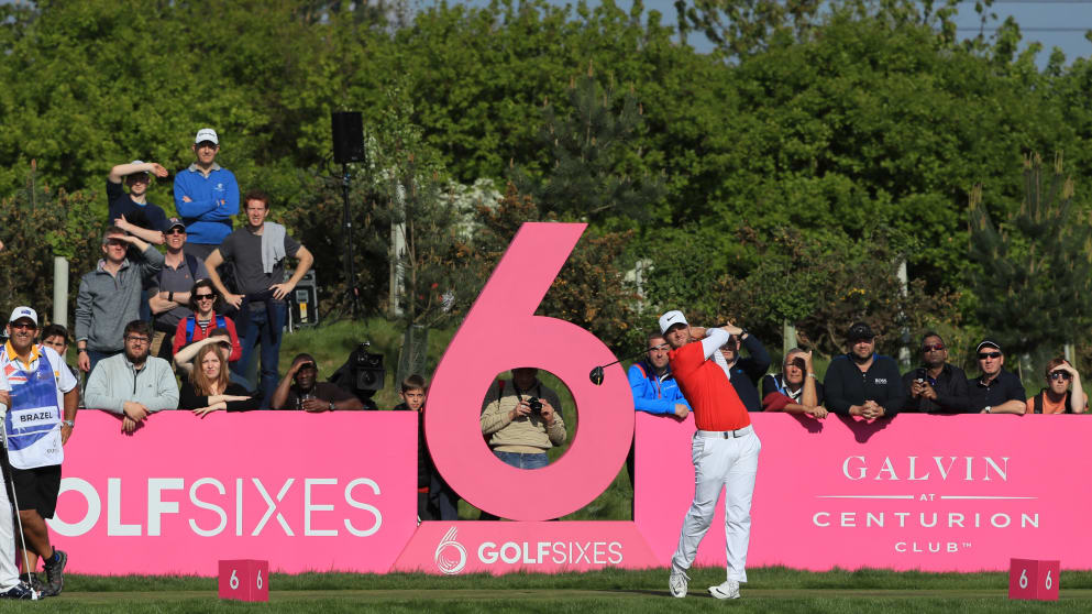 Lucas Bjerregaard - tees off on the 6th hole during the final match between Denmark and Australia at the Golf Sixes