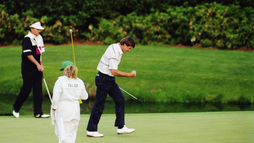 Nick Faldo celebrates his 1990 Masters win