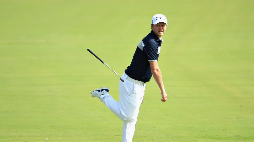 justin Harding of South Africa reacts to his fourth shot on hole eighteen during Day Four of the Omega Dubai Desert Classic at Emirates Golf Club on January 27, 2019 in Dubai, United Arab Emirates.  (Photo by And