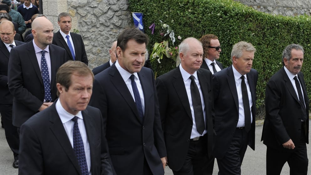 A host of players join George O'Grady at the funeral for Seve Ballesteros
