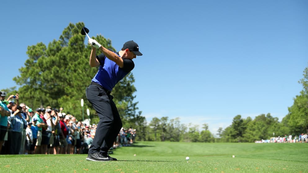 Rory McIlroy - in action at Tuesday practice at the Masters Tournament