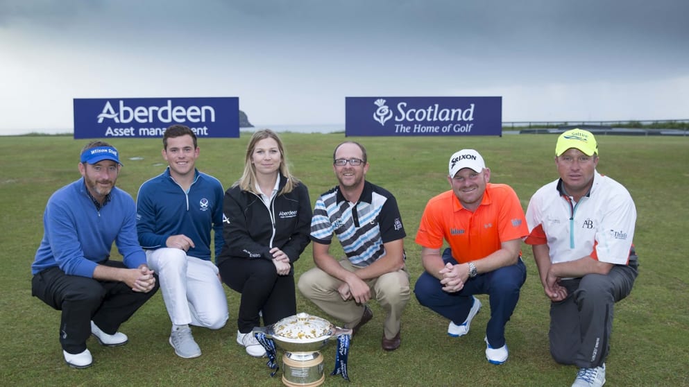 The five qualifiers: Left to right: Graham Fox, Calum Hill, Ellie Mainwaring of title sponsor Aberdeen Asset Management, Craig Sutherland, Gavin Wright, Greig Hutcheon (Kenny Smith photography).