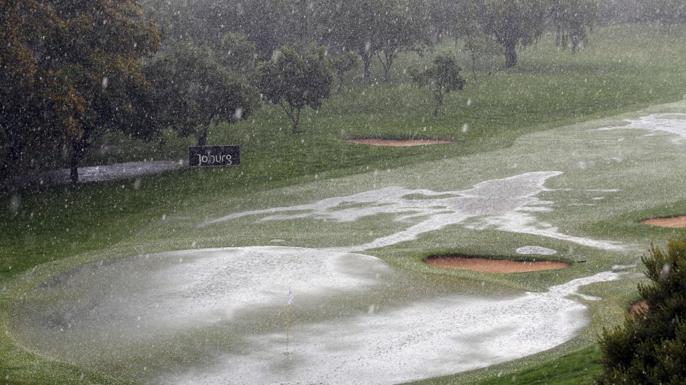 The ninth green following bad weather on Sunday at the Joburg Open