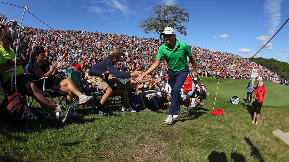 David Lipsky - gets a great welcome from the crowd on the 16th green during the third round of the Made in Denmark 
