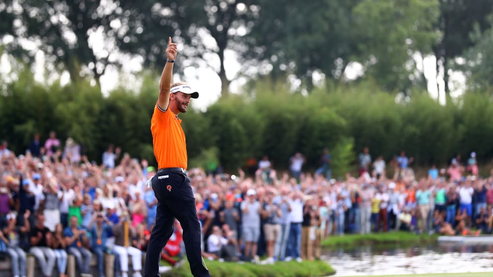 Joost Luiten celebrates victory on the 18th green during the final round of the KLM Open
