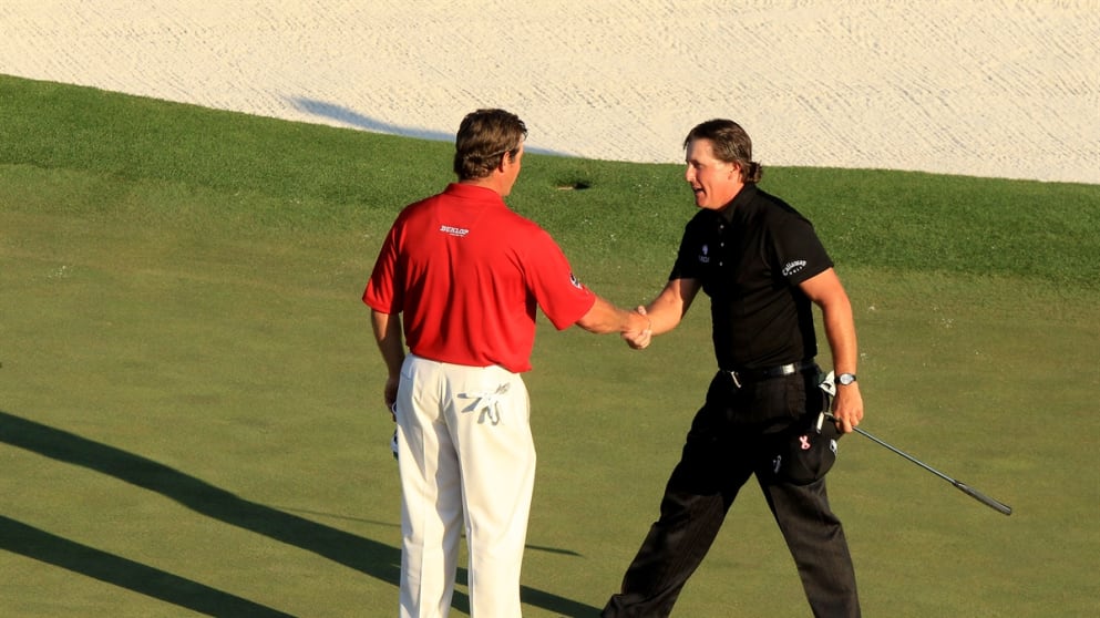 Lee Westwood congratulates Phil Mickelson