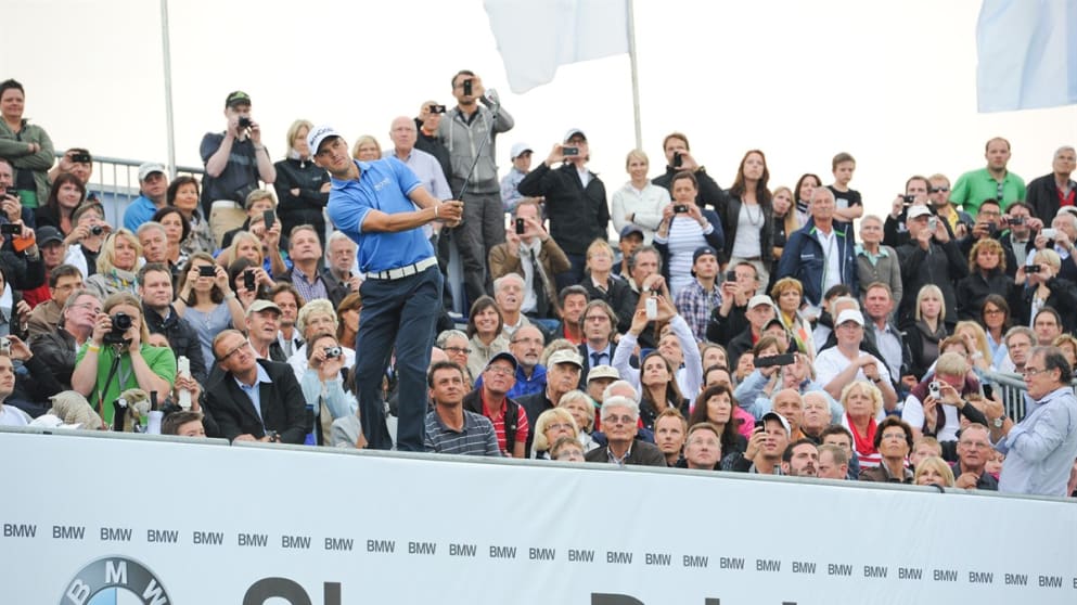 Eventual winner, Martin Kaymer, chips from the grandstand at 18.