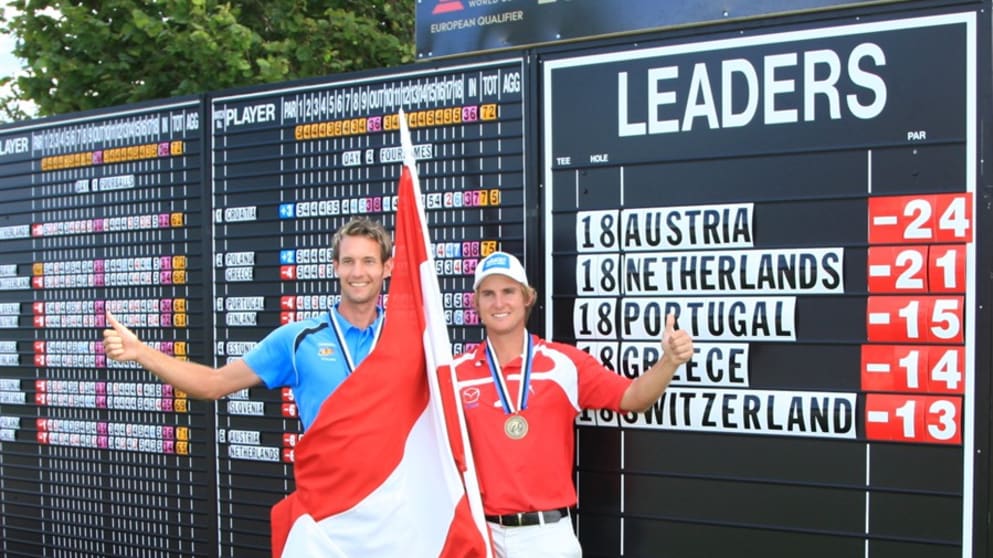 Austria celebrate qualification for the Omega Mission Hills World Cup