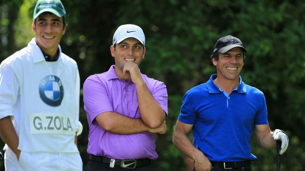 Gianfranco Zola shares a joke with Francesco Molinari 