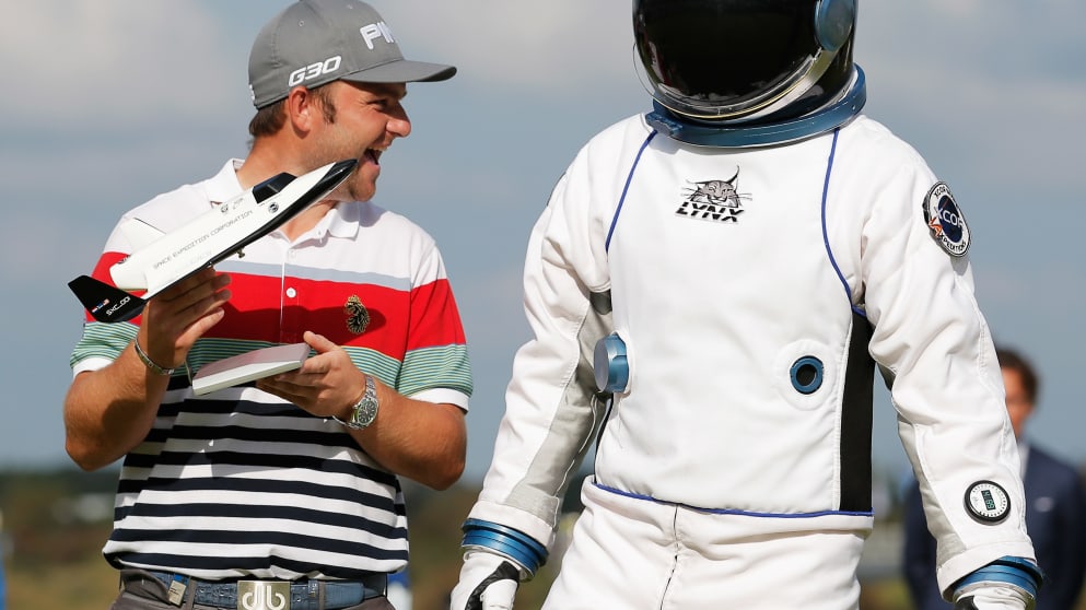 Andy Sullivan celebrates his KLM Open hole-in-one prize