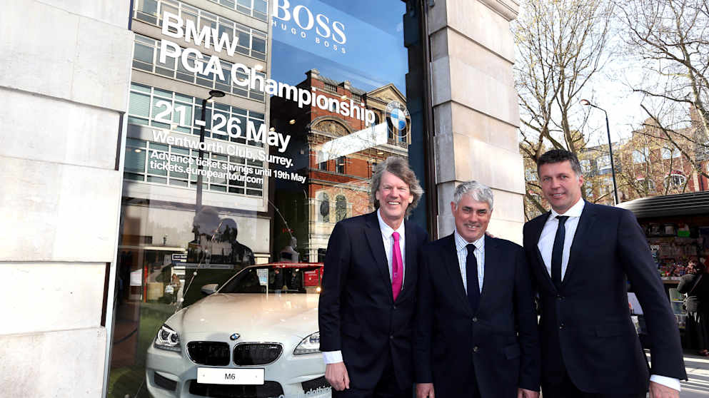 Jamie Birkmyre, Championship Director of the BMW PGA Championship, Peter Walker, General Manager of BMW Sports Marketing and Bernd Hake, Managing Director of HUGO BOSS UK, during a photoshoot at the Hugo Boss store on Sloane Square in London.