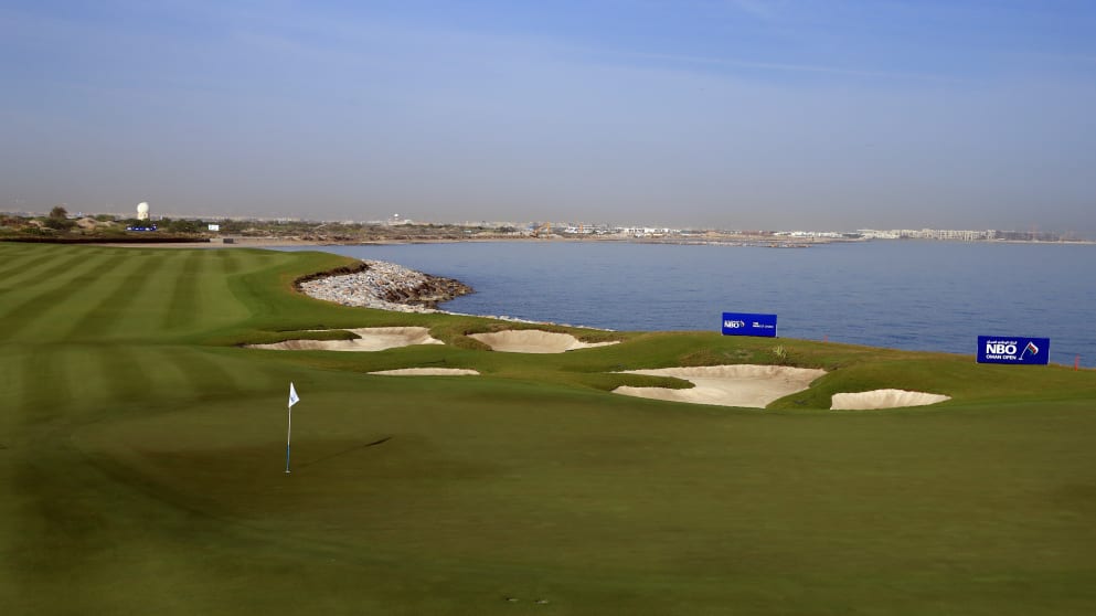 A general view of the ninth hole at Al Mouj Golf 