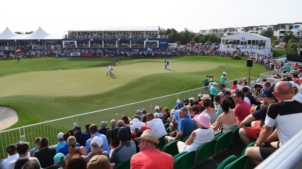 A general view of the 18th green during day two of the DP World Tour Championship