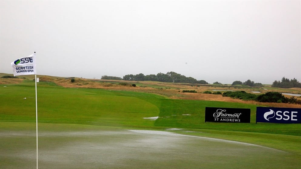 A general view of the flooded 2nd green at Fairmont St Andrews