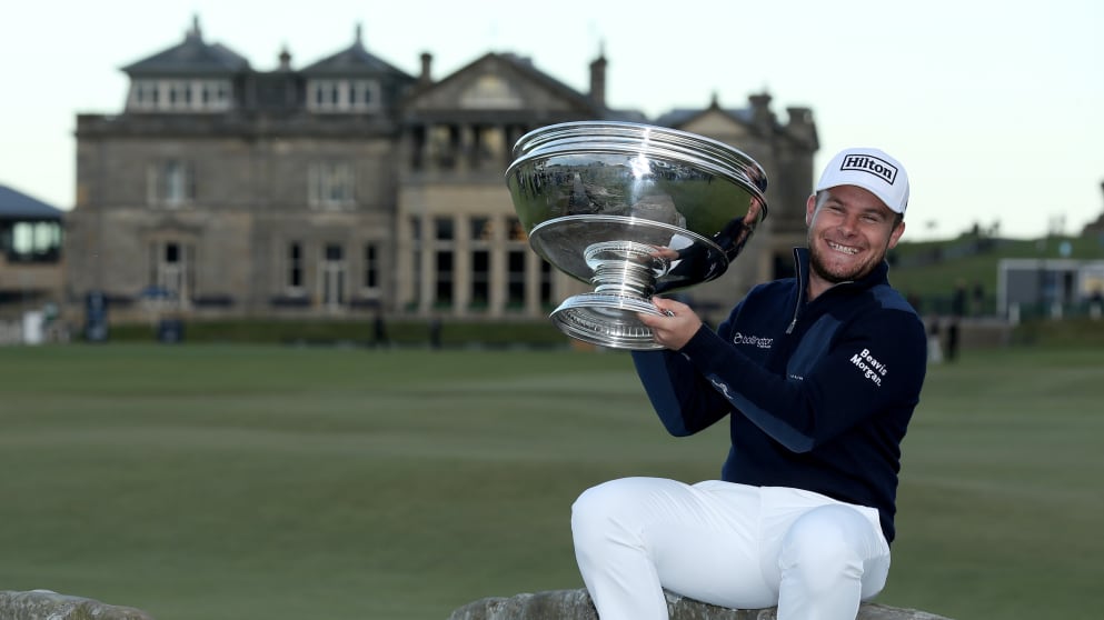 Tyrrell Hatton with the Alfred Dunhill Links Championship trophy