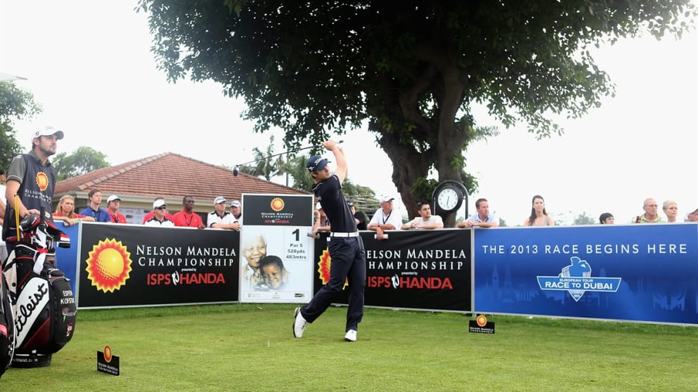 Espen Kofstad of Norway tees off on the first hole to launch The 2013 Race to Dubai