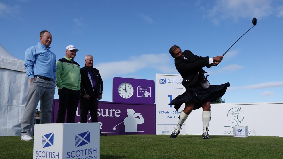 Michael Campbell tees off in a kilt