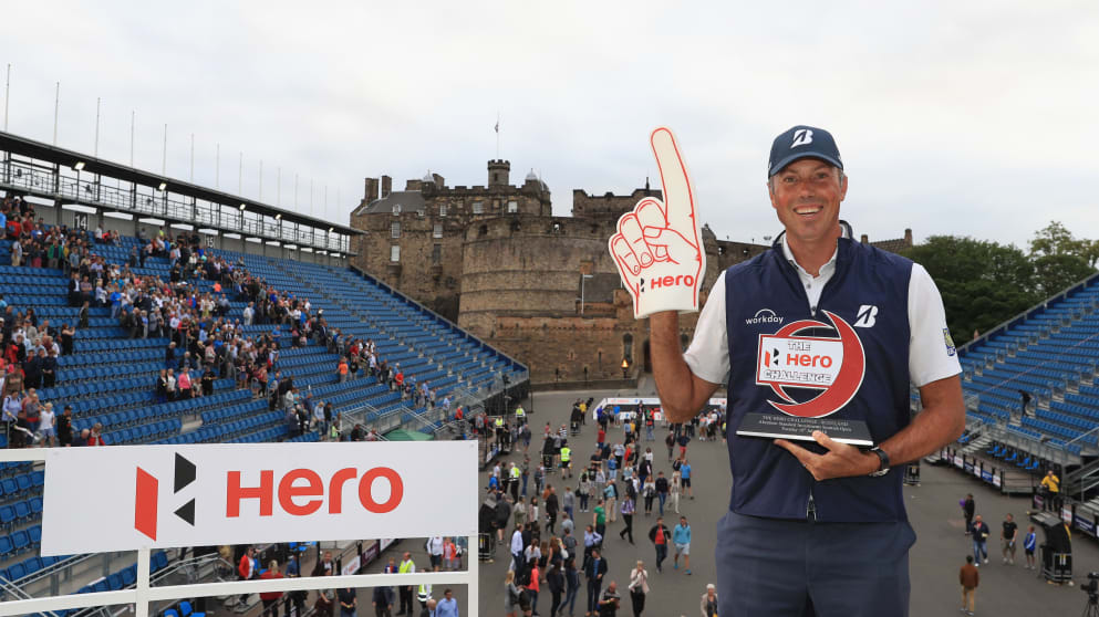 Matt Kuchar poses with the trophy after winning The Hero Challenge