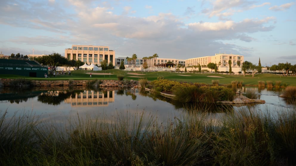 The picturesque view of the 18th green and the Tivoli Victoria Hotel at the 2015 Portugal Masters