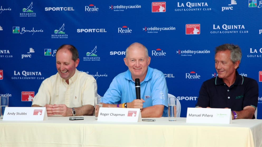 (Phil Inglis) Roger Chapman (centre) at a press conference at the Benahavis Senior Masters, alongside Managing Director of the European Senior Tour Andy Stubbs (R) and Manuel Piñero