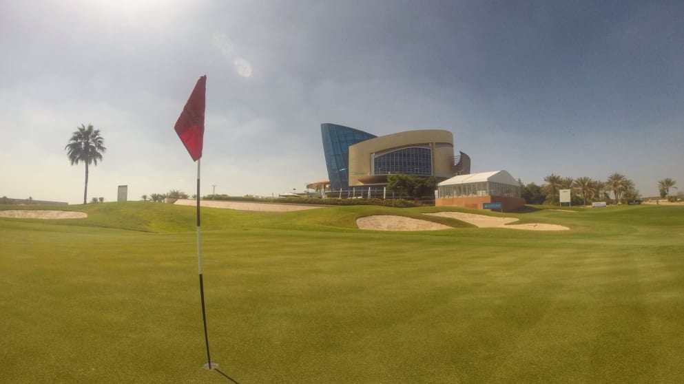 The 18th green at Al Badia Golf Club